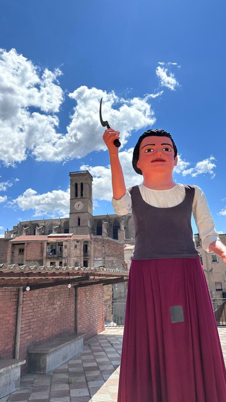 La geganta Fadulla de la Festa Major Alternativa, amb la Seu de Manresa al fons